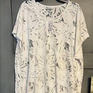 CJ Banks White Floral Lace Blouse